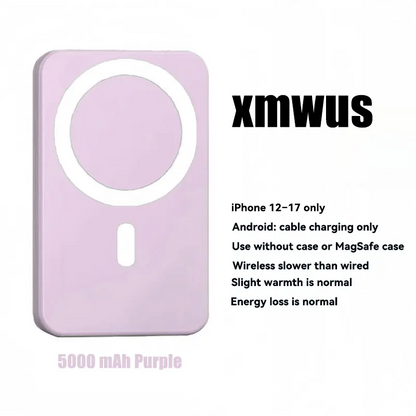 5000mAh Magnetic Power Bank for iPhone 12–17 Series, Works Best with MagSafe Case or No Case, Portable Wireless Charger